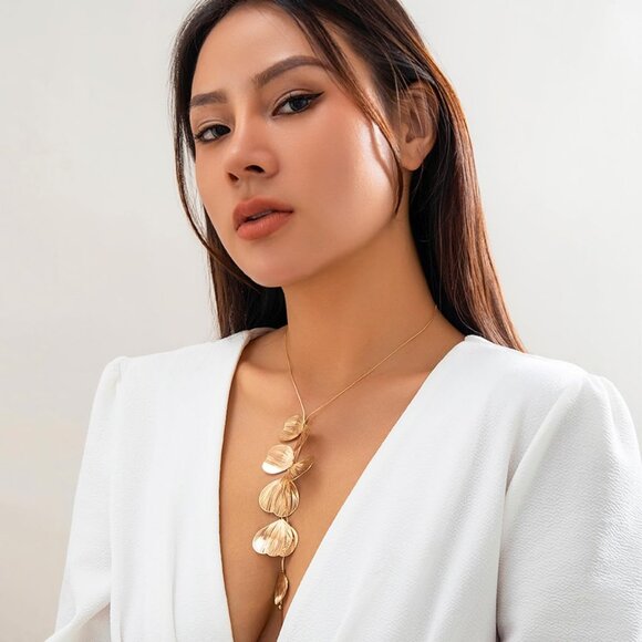 Women's Statement Gold Ginkgo Leaves Choker Long Tassel Beachy Party Necklace - Picture 8 of 9